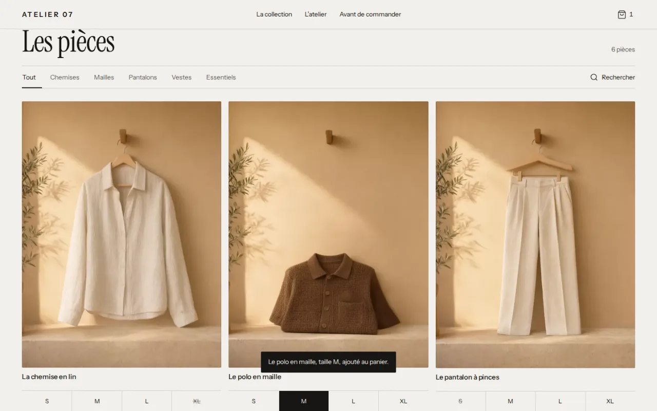 Le site d’Atelier 07 : la chemise en lin, le polo en maille ajouté au panier en taille M, le pantalon